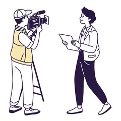 Cameraman recording an interview with a journalist isolated on white background