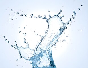 Clean blue water splash creating a crown shape frozen in motion with droplets suspended mid-air, a concept of purity and freshness.