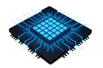 Cpu with glowing blue core and circuits transmitting data on transparent background