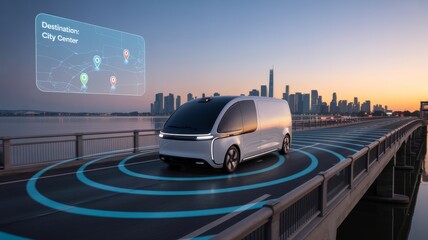 A futuristic autonomous vehicle navigates a city bridge, with a digital map displaying its destination against a skyline backdrop.