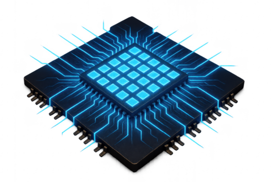 Cpu with glowing blue core and circuits transmitting data on transparent background - Powered by Adobe