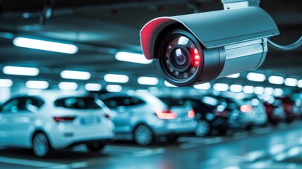 A security camera monitors vehicles in a well-lit parking garage, emphasizing safety and surveillance technology.