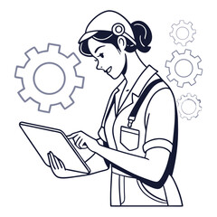 Female engineer using tablet isolated on white background