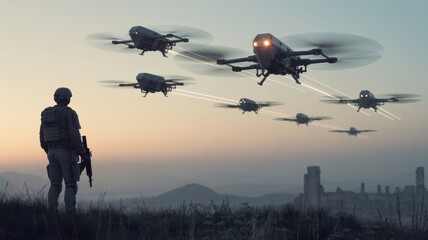 A soldier stands on a hillside as multiple drones fly overhead, showcasing a futuristic military scenario at dusk.