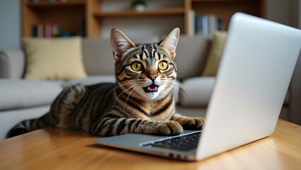 A tabby cat lies on a laptop, mouth open, humorously appearing to "use" the device.