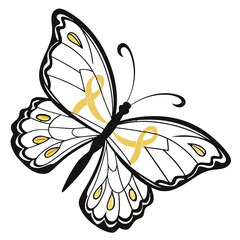 Gold ribbon on butterfly for childhood cancer awareness isolated on white background