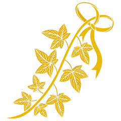 Golden ivy branch with ribbon bow isolated on white background