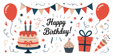 Birthday celebration illustration with cake, candles, balloons, bunting flags, gift box, cupcake, confetti, and “Happy Birthday!” text