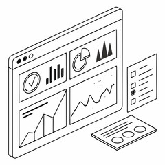 Isometric dashboard with data analysis report isolated on white background