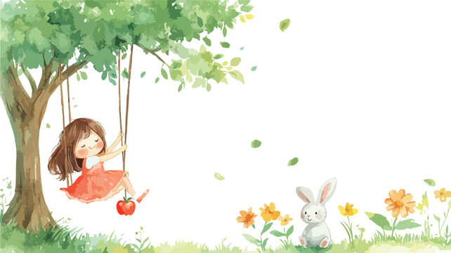 Young girl happily swinging under a large green tree with a bunny and flowers