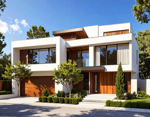 Modern two-story house with clean white facade, large glass windows, and warm wooden accents, surrounded by lush greenery and a well-manicured front yard under a clear blue sky.