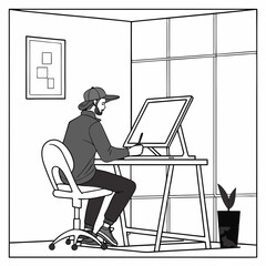 Man drawing on tablet at desk in room isolated on white background