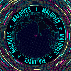 Maldives on globe. Satelite view of the world centered to Maldives. Bright neon style. Futuristic radial bricks background. Attractive vector illustration.