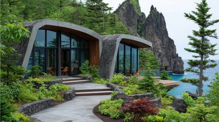 Modern cliffside home with stunning ocean views, featuring unique curved architecture and landscaped gardens