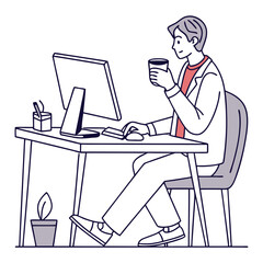 Man working at desk with computer isolated on white background