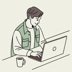 Man working on laptop with coffee isolated on white background