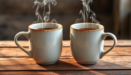 Two ceramic coffee mugs on rustic wooden table, steam rising,  home,  drink