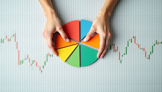 Hands assemble a colorful pie chart over a stock market candlestick chart, representing data analysis or financial planning.