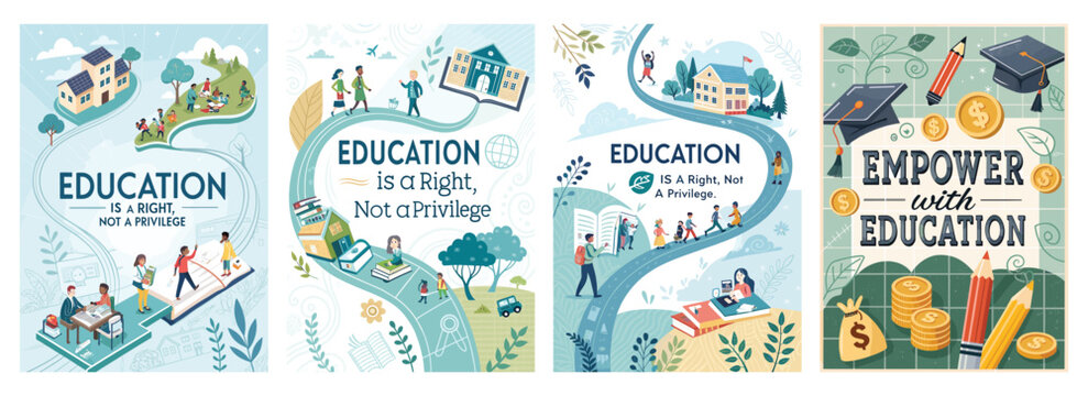 Colorful illustrations promoting education as a fundamental right, showcasing diverse individuals and settings.