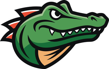 Green alligator mascot head with sharp teeth and spikes