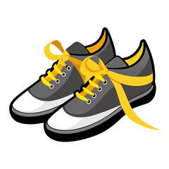 Pair of stylish sneakers with yellow laces isolated on white background