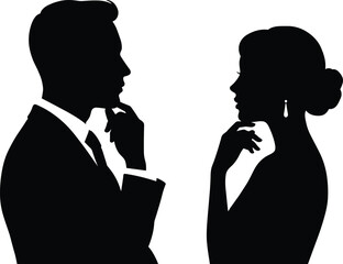 Man and woman silhouette thinking, business discussion concept, professional people communication, corporate vector illustration, black silhouette design, thoughtful