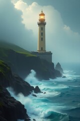 Majestic Lighthouse Guiding Ships Through Stormy Seas on a Rocky Coastline
