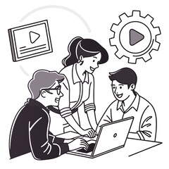 Team working on video content for online marketing isolated on white background
