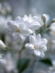 Obraz premium Delicate white jasmine flowers in bloom with soft petals and gentle green stems, creating serene and calming atmosphere in natural light