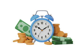 Blue alarm clock with stacks of coins and paper money , concept of time is money and financial management , transparent png
