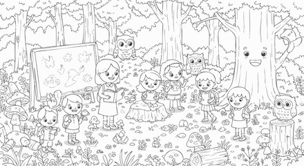 Forest School A Charming Black and White Illustration of a Teacher and Children in Nature