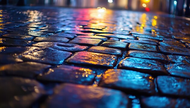 Bottom-View Of Wet Cobblestones On Street Or Road Surface At Night After Rain - Scenic Urban Reflections In Rainy Weather