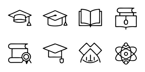 Academic icons isolated on white background for educational designs, graduation announcements, and university websites, representing learning, knowledge, and scholarly achievement