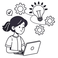 Woman working on laptop with idea isolated on white background