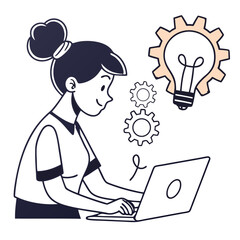 Woman working on laptop with idea bulb isolated on white background