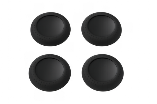 Four black joystick thumb grips on transparent background