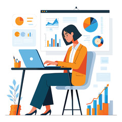 Vector illustration of a businesswoman analyzing data on a laptop. Infographic concept with financial charts, growth statistics, and analytics dashboard.