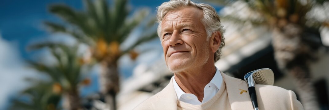 Elegant retired man enjoying retirement in florida with golf club - Powered by Adobe