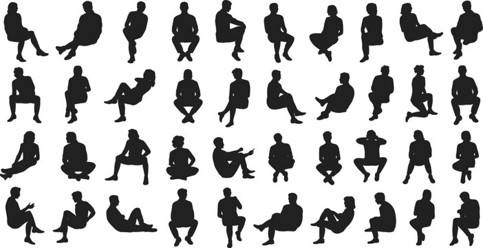 Silhouette collection of people sitting in various poses, black human figure outlines, seated man and woman positions, vector art illustration
