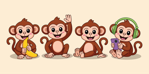 Cartoon monkey set with playful poses including eating banana, waving, sitting cross-legged, and using smartphone with headphones © Zavivec