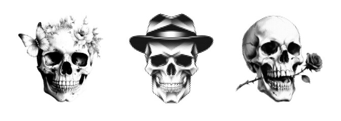 Modern halftone skull illustration set featuring three unique designs with floral, hat, and rose elements, monochrome dot pattern art for contemporary posters and graphic projects