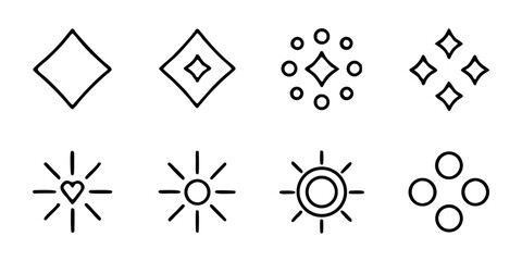 Set of simple geometric shapes isolated on white background, featuring diamond, star, and circle designs, perfect for creating modern and minimal abstract patterns and decorative elements