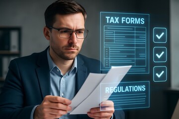 A man in a suit carefully reviewing financial documents and forms. 