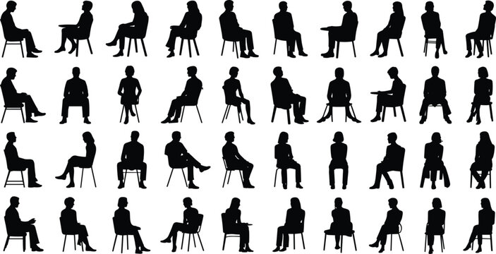 Silhouette collection of people sitting on chairs in various poses, black human figure outlines, seated man and woman vector illustration