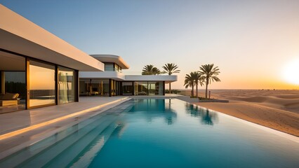 Fototapeta premium Luxury Modern Mansion Infinity Pool Desert Sunset Oasis Palm Trees