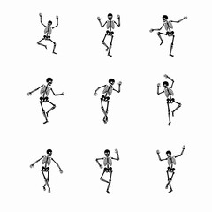 black skeletons icon set, dancing poses on isolated white background, goth, punk, emo, halloween