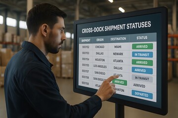 A person intently reviews cross-dock shipment statuses on a large display screen. 