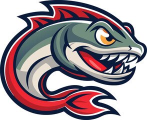 Aggressive fish mascot with sharp teeth and fierce expression