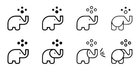 Fototapeta premium This image displays eight minimalist line drawings of elephants, arranged in two rows of four. Each elephant is depicted with its trunk raised, spraying a cluster of four small circles, suggesting wat