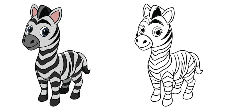 Ziggy Stripes the zebra with wavy black stripes and a cute smile, standing in profile
